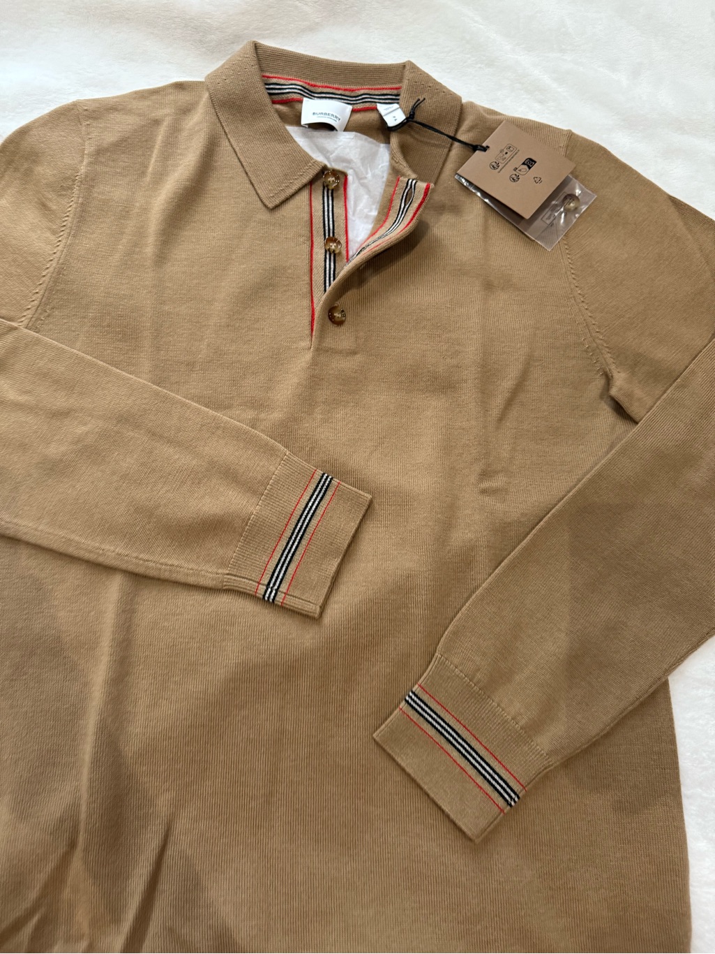Burberry Camel Long-Sleeve Polo With Signature Stripe Trim